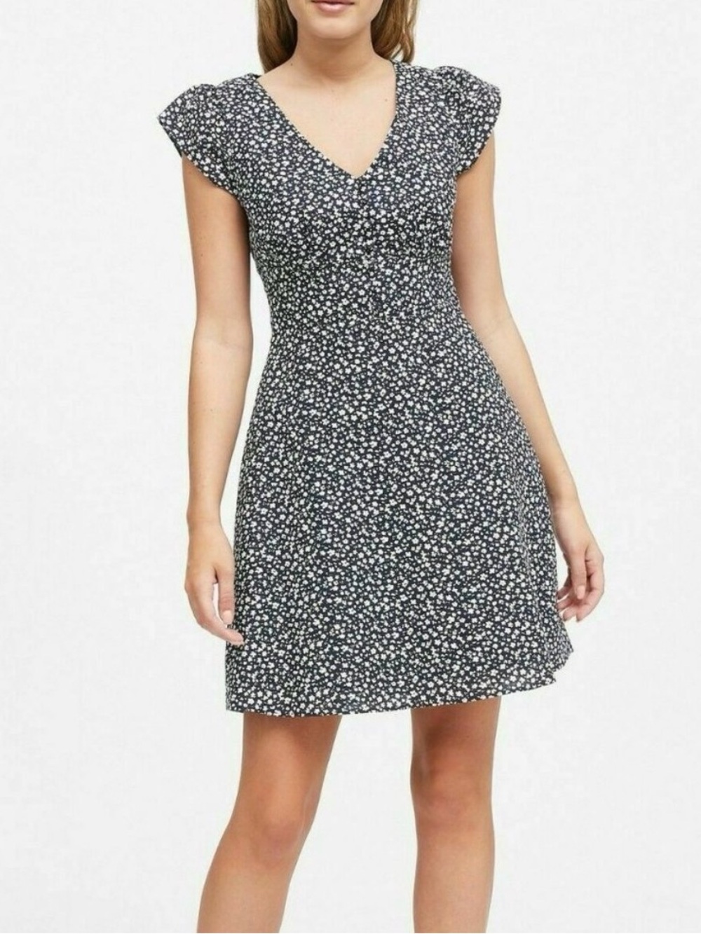 Banana Republic Linen-Cotton Button-Front Mini Dress in Navy Ditsy Floral